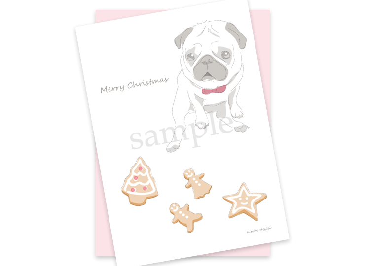 ポストカード 封筒付き クリスマスクッキーとパグ Sumito Design