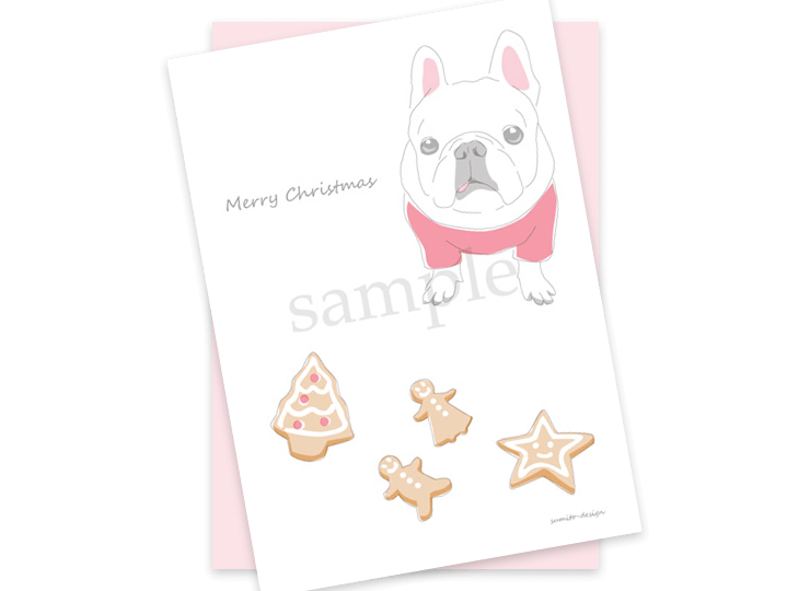 ポストカード 封筒付き クリスマスクッキーとフレンチブルドッグ クリーム Sumito Design