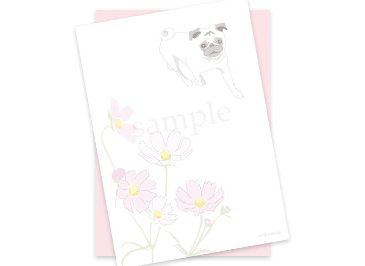 お花がいっぱい ポストカード 封筒付き コスモスとパグ Sumito Design
